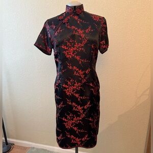 Black and Red Floral Cheongsam Dress